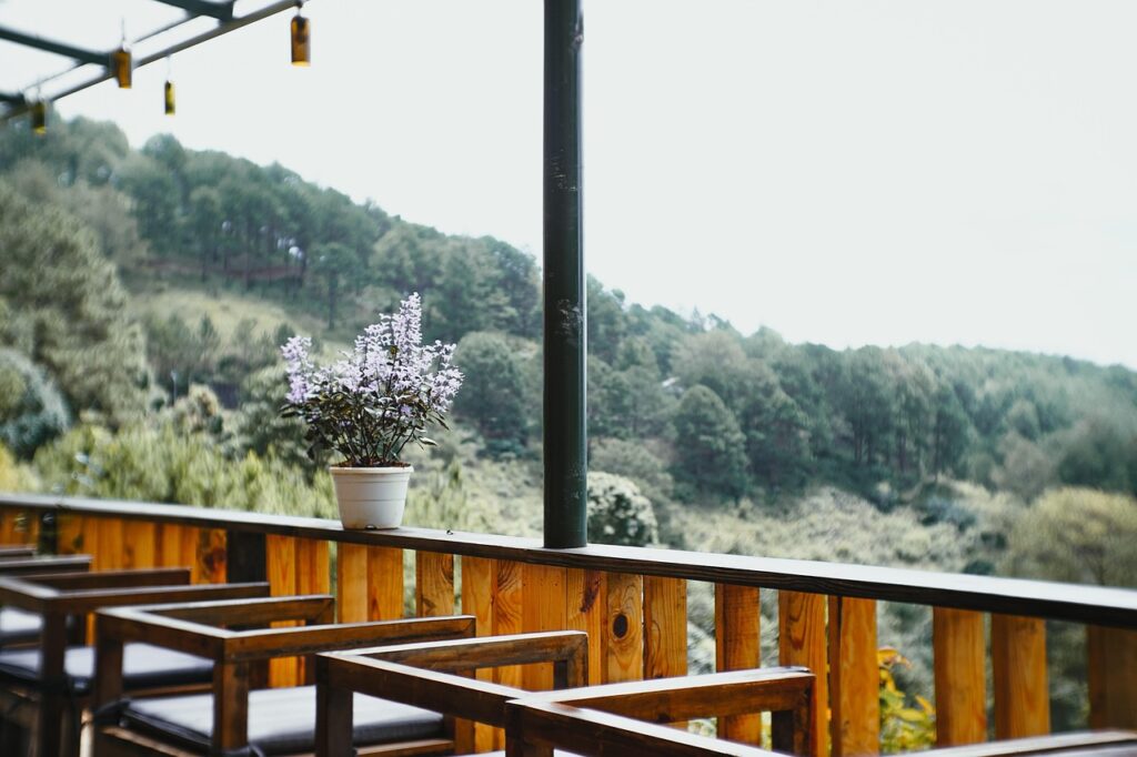 coffee shop, balcony, scenic view, nature, cafe, restaurant, countryside, mountain, forest